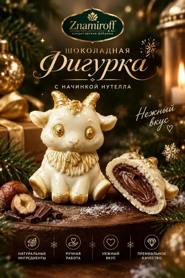  Шоколад фигурный "Мультяшный козлик" белый шоколад с начинкой нутелла(блок 5шт по 70г) в Белебее